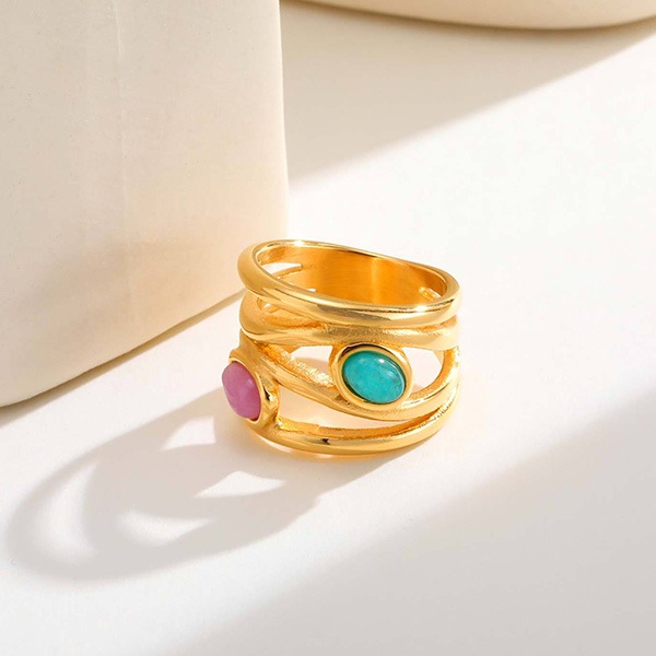 《 QBOX 》FASHION 飾品【GRC-878G】精緻個性法式金色多層纏繞鑲天河石鈦鋼戒指/戒環-細節圖5