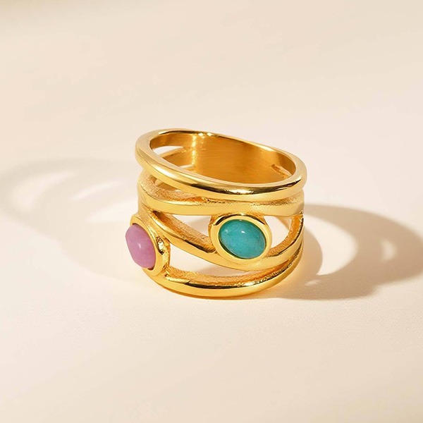 《 QBOX 》FASHION 飾品【GRC-878G】精緻個性法式金色多層纏繞鑲天河石鈦鋼戒指/戒環-細節圖6