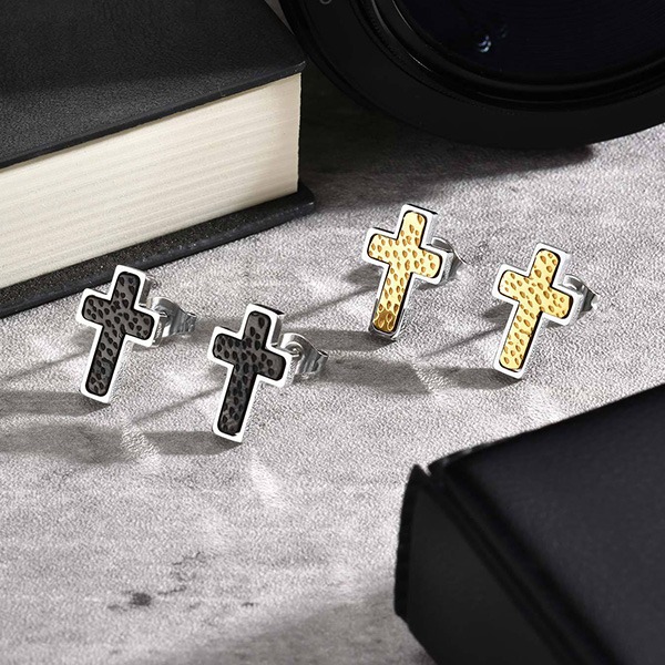 《 QBOX 》FASHION 飾品【GES-720】精緻個性雙色潮流紋理十字架鈦鋼耳環/耳飾-細節圖4