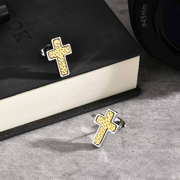 《 QBOX 》FASHION 飾品【GES-720】精緻個性雙色潮流紋理十字架鈦鋼耳環/耳飾-細節圖6