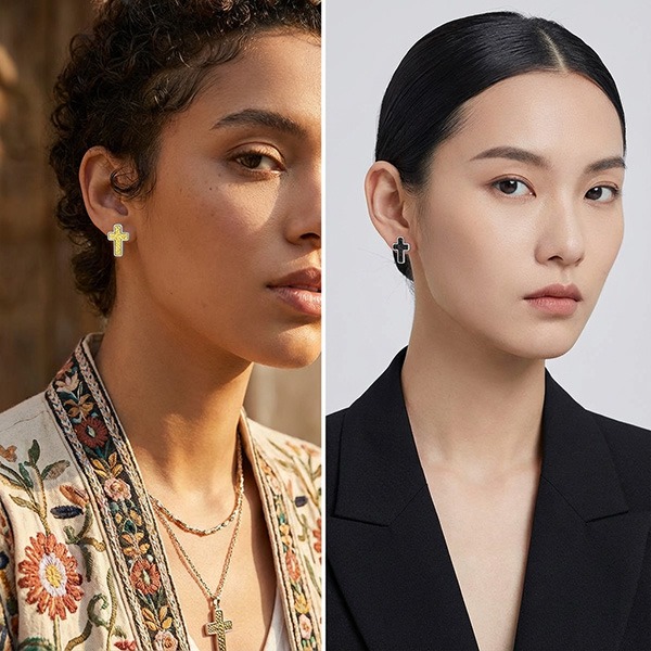 《 QBOX 》FASHION 飾品【GES-720】精緻個性雙色潮流紋理十字架鈦鋼耳環/耳飾-細節圖7