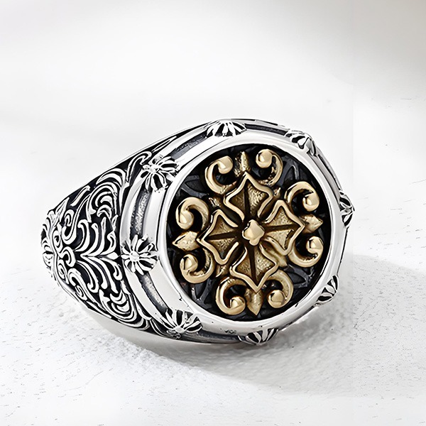 《 QBOX 》FASHION 飾品【TSR512202】精緻個性復古鎏金紋章精雕花卉純銀戒指/戒環-細節圖4