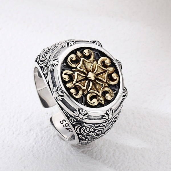 《 QBOX 》FASHION 飾品【TSR512202】精緻個性復古鎏金紋章精雕花卉純銀戒指/戒環-細節圖5