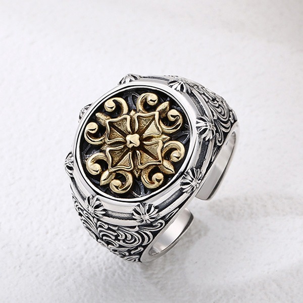 《 QBOX 》FASHION 飾品【TSR512202】精緻個性復古鎏金紋章精雕花卉純銀戒指/戒環-細節圖6