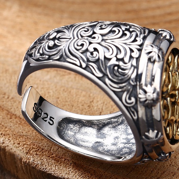 《 QBOX 》FASHION 飾品【TSR512202】精緻個性復古鎏金紋章精雕花卉純銀戒指/戒環-細節圖7