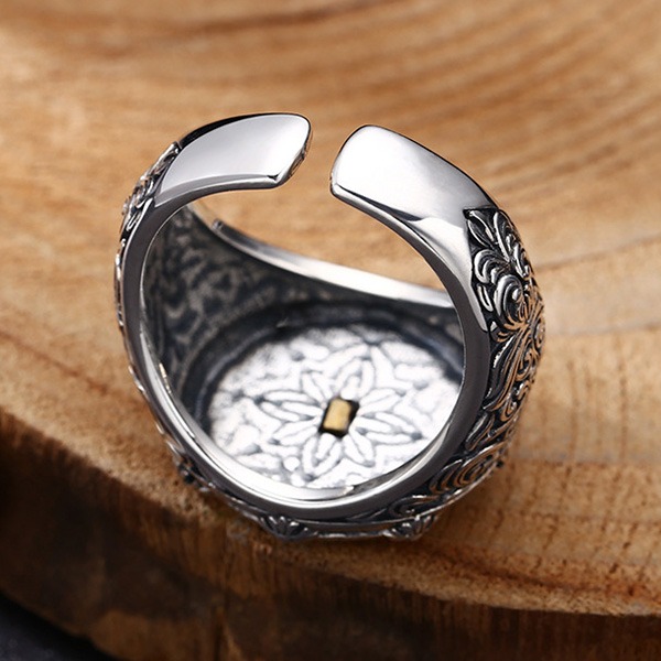 《 QBOX 》FASHION 飾品【TSR512202】精緻個性復古鎏金紋章精雕花卉純銀戒指/戒環-細節圖8