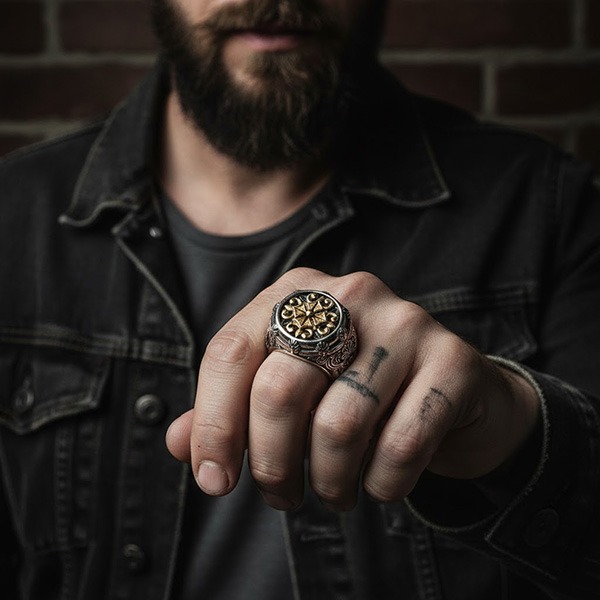 《 QBOX 》FASHION 飾品【TSR512202】精緻個性復古鎏金紋章精雕花卉純銀戒指/戒環-細節圖9