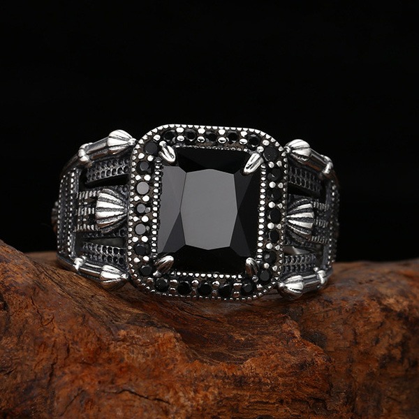 《 QBOX 》FASHION 飾品【TSR512299】精緻個性復古黑方瑪瑙鉚釘開口純銀戒指/戒環-細節圖4