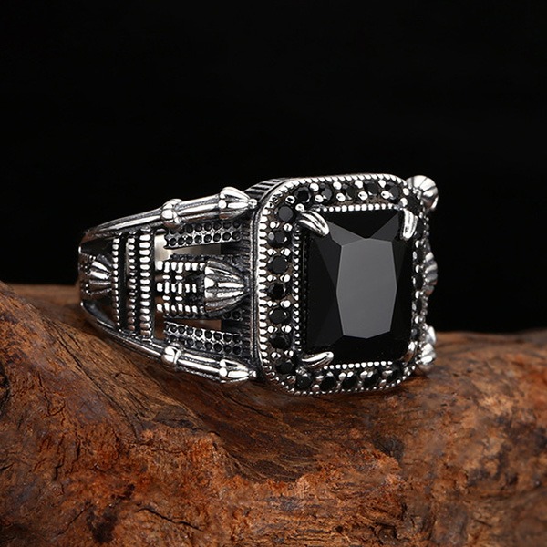 《 QBOX 》FASHION 飾品【TSR512299】精緻個性復古黑方瑪瑙鉚釘開口純銀戒指/戒環-細節圖5