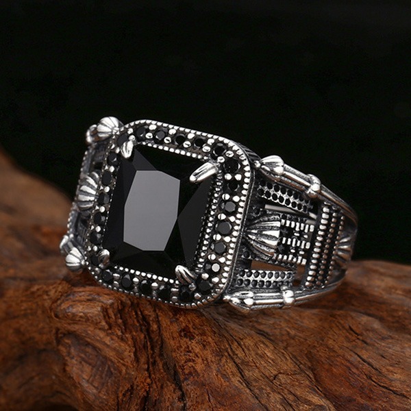 《 QBOX 》FASHION 飾品【TSR512299】精緻個性復古黑方瑪瑙鉚釘開口純銀戒指/戒環-細節圖6