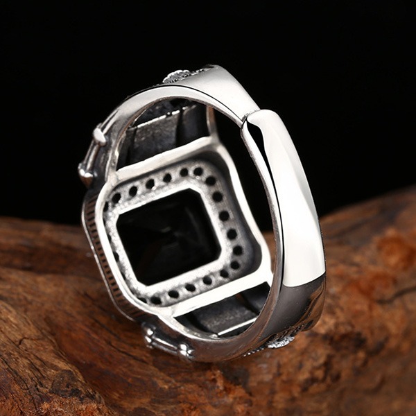 《 QBOX 》FASHION 飾品【TSR512299】精緻個性復古黑方瑪瑙鉚釘開口純銀戒指/戒環-細節圖7