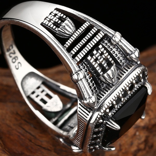 《 QBOX 》FASHION 飾品【TSR512299】精緻個性復古黑方瑪瑙鉚釘開口純銀戒指/戒環-細節圖8