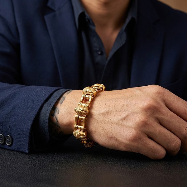 《QBOX 》FASHION 飾品【BBK76960】 個性復古鎏金佛頭拼接鈦鋼手鍊/手環-細節圖10