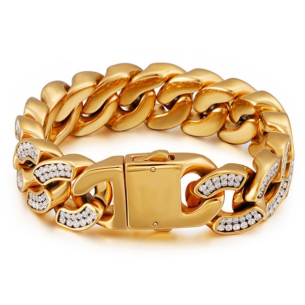 《QBOX 》FASHION 飾品【BK102749】 個性寬版金色嘻哈滿鑽古巴鏈鈦鋼手鍊/手環-細節圖2