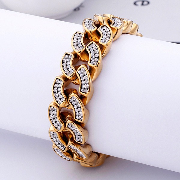 《QBOX 》FASHION 飾品【BK102749】 個性寬版金色嘻哈滿鑽古巴鏈鈦鋼手鍊/手環-細節圖4