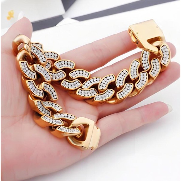 《QBOX 》FASHION 飾品【BK102749】 個性寬版金色嘻哈滿鑽古巴鏈鈦鋼手鍊/手環-細節圖8