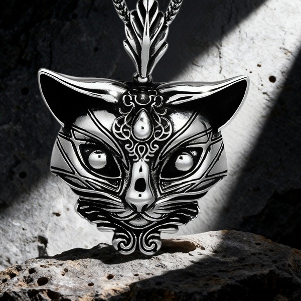 《 QBOX 》FASHION 飾品【TSC511308】精緻個性復古暗紋雕花靈貓純銀墬子項鍊/吊飾-細節圖3