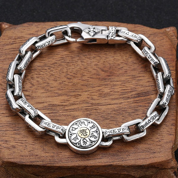 《 QBOX 》FASHION 飾品【TSB511302】精致個性復古可轉動六字真言梵咒圓牌純銀手鍊/泰銀手環-細節圖3