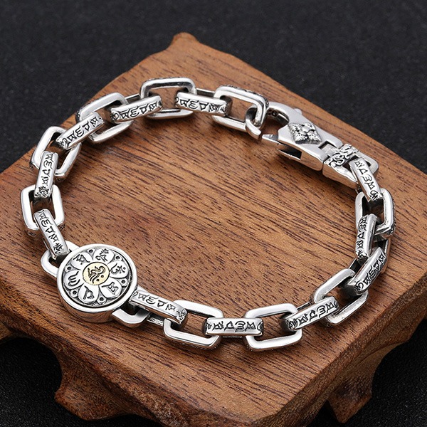 《 QBOX 》FASHION 飾品【TSB511302】精致個性復古可轉動六字真言梵咒圓牌純銀手鍊/泰銀手環-細節圖4