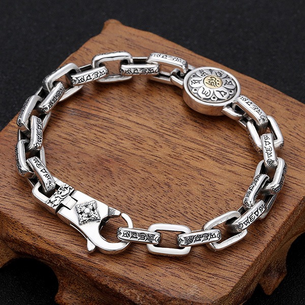 《 QBOX 》FASHION 飾品【TSB511302】精致個性復古可轉動六字真言梵咒圓牌純銀手鍊/泰銀手環-細節圖5