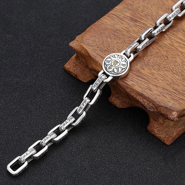 《 QBOX 》FASHION 飾品【TSB511302】精致個性復古可轉動六字真言梵咒圓牌純銀手鍊/泰銀手環-細節圖7