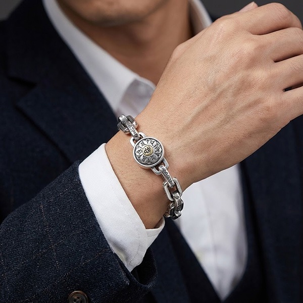 《 QBOX 》FASHION 飾品【TSB511302】精致個性復古可轉動六字真言梵咒圓牌純銀手鍊/泰銀手環-細節圖8