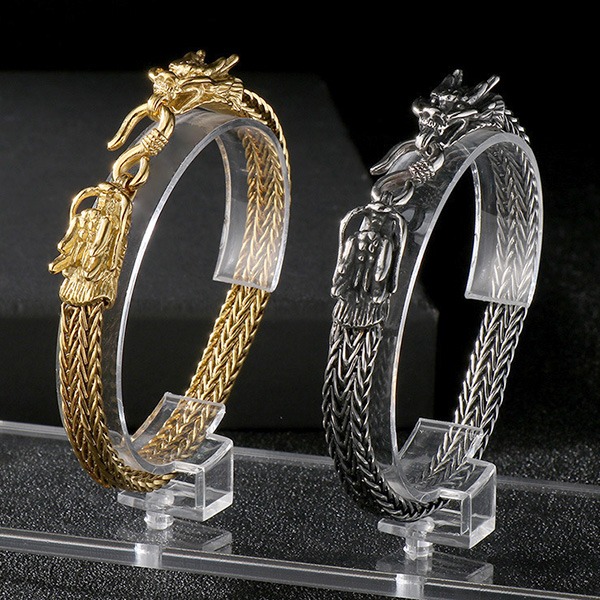 《QBOX 》FASHION 飾品【BK181375】 個性復古雙龍頭編織龍骨鏈鈦鋼手鍊/手環-細節圖3