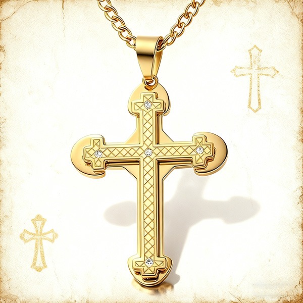 《 QBOX 》FASHION 飾品【CPAB0022】精緻個性《聖光之絡》金色雙層菱形鑲鑽十字架鈦鋼墬子項鍊/掛飾-細節圖3