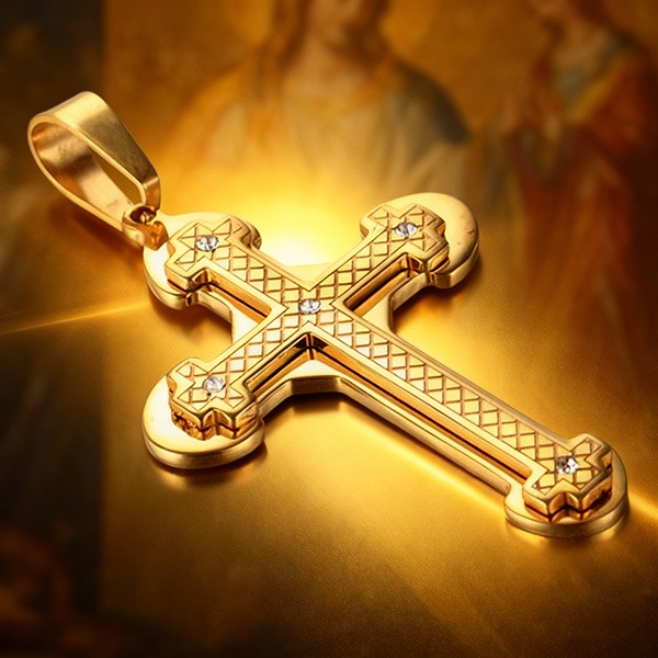 《 QBOX 》FASHION 飾品【CPAB0022】精緻個性《聖光之絡》金色雙層菱形鑲鑽十字架鈦鋼墬子項鍊/掛飾-細節圖4