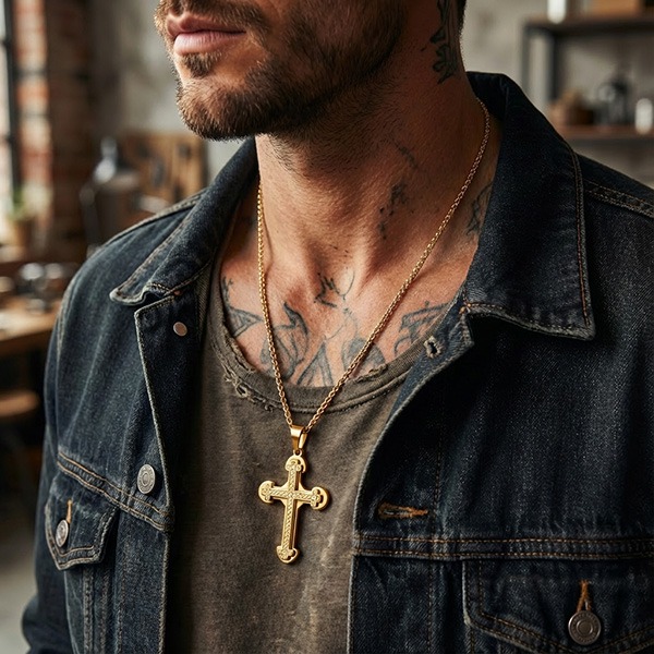 《 QBOX 》FASHION 飾品【CPAB0022】精緻個性《聖光之絡》金色雙層菱形鑲鑽十字架鈦鋼墬子項鍊/掛飾-細節圖9