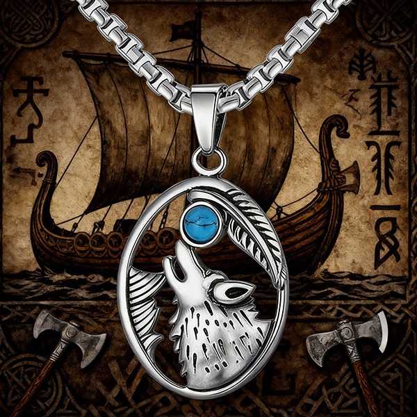 《 QBOX 》FASHION 飾品【GPN-2231】精緻個性復古橢圓形狼頭綠松石鈦鋼墬子項鍊/吊墬-細節圖3