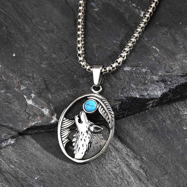 《 QBOX 》FASHION 飾品【GPN-2231】精緻個性復古橢圓形狼頭綠松石鈦鋼墬子項鍊/吊墬-細節圖4