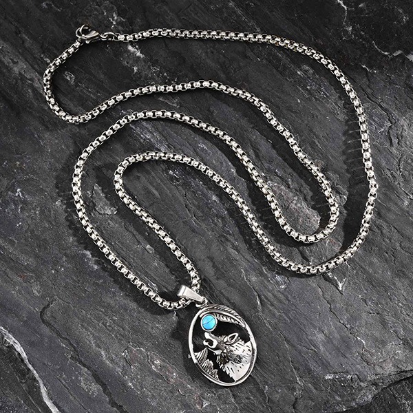 《 QBOX 》FASHION 飾品【GPN-2231】精緻個性復古橢圓形狼頭綠松石鈦鋼墬子項鍊/吊墬-細節圖5