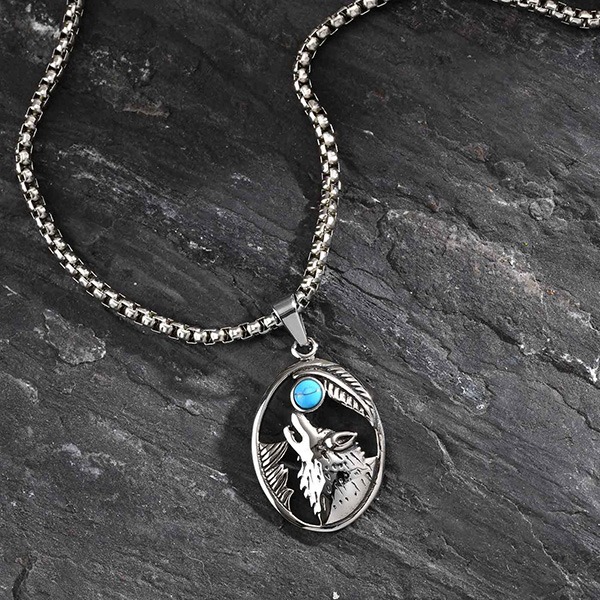 《 QBOX 》FASHION 飾品【GPN-2231】精緻個性復古橢圓形狼頭綠松石鈦鋼墬子項鍊/吊墬-細節圖6