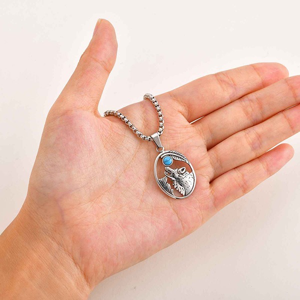 《 QBOX 》FASHION 飾品【GPN-2231】精緻個性復古橢圓形狼頭綠松石鈦鋼墬子項鍊/吊墬-細節圖7