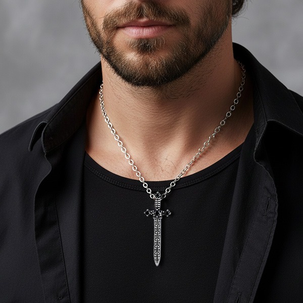 《 QBOX 》FASHION 飾品【GPN-2247S】精緻個性復古雕花鑲鑽寶劍鈦鋼墬子項鍊/吊墬(二款)-細節圖9