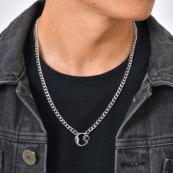 《 QBOX 》FASHION 飾品【GNC-2407】精緻個性復古日月相嵌黑石鈦鋼墬子項鍊/吊墬-細節圖8