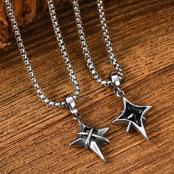 《 QBOX 》FASHION 飾品【GPN-2316】精緻個性復古星芒交叉黑鑽鈦鋼墬子項鍊/吊墬-細節圖4