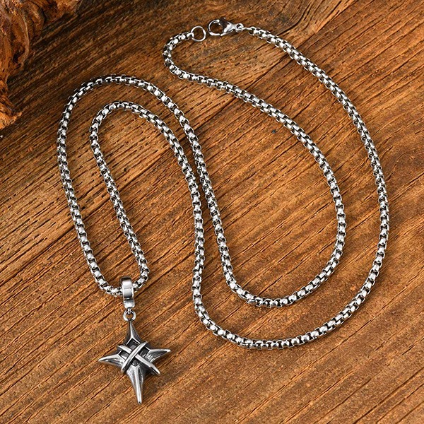 《 QBOX 》FASHION 飾品【GPN-2316】精緻個性復古星芒交叉黑鑽鈦鋼墬子項鍊/吊墬-細節圖5