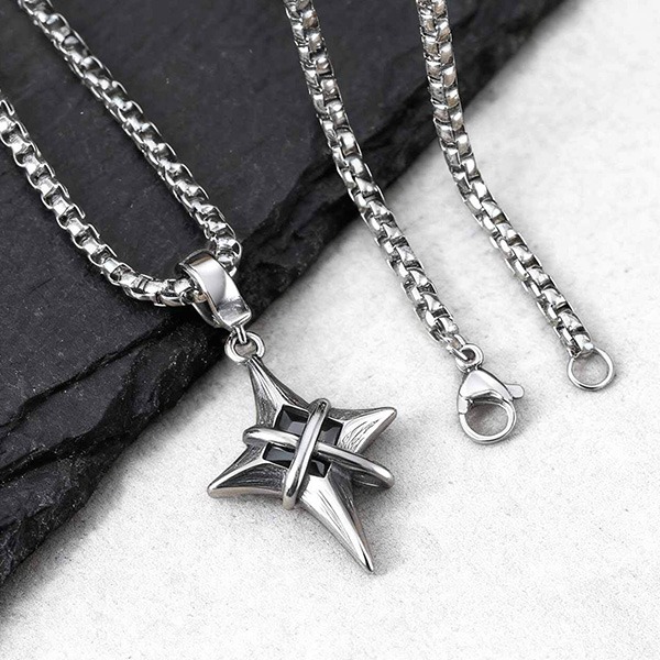 《 QBOX 》FASHION 飾品【GPN-2316】精緻個性復古星芒交叉黑鑽鈦鋼墬子項鍊/吊墬-細節圖6