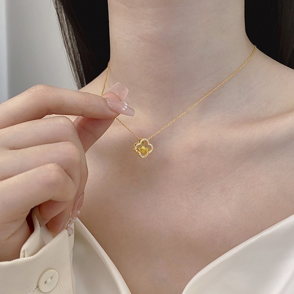 《 QBOX 》FASHION 飾品【CYFL639】精緻氣質簡約四葉草鑲鑽招財元寶純銀墬子項鍊/鎖骨鍊-細節圖7