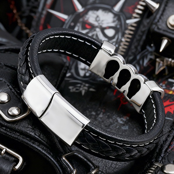 《 QBOX 》FASHION 飾品【LBC-L045】 精緻個性暗黑三骷髏頭骸骨編織皮革鈦鋼磁扣頭手鍊/手環-細節圖5