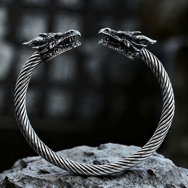 《 QBOX 》FASHION 飾品【BBRG-051】 精緻個性霸氣立體雙頭龍扭紋鈦鋼開口手鐲/手環-細節圖3