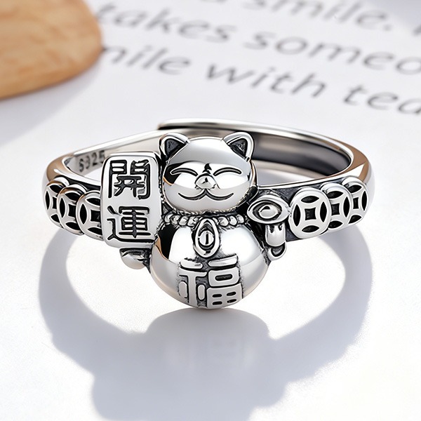 《 QBOX 》FASHION 飾品【SYJ616】精緻個性復古招財貓福字開口純銀戒指/戒環-細節圖5