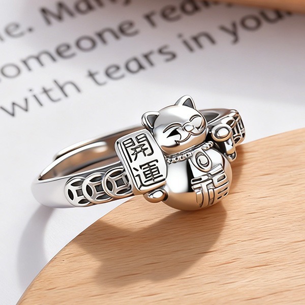 《 QBOX 》FASHION 飾品【SYJ616】精緻個性復古招財貓福字開口純銀戒指/戒環-細節圖6