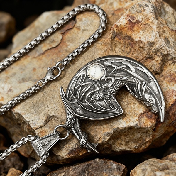 《 QBOX 》FASHION 飾品【CBP8-888】 精緻個性復古玄月飛龍嵌松石鈦鋼墬子項鍊/吊墬-細節圖4