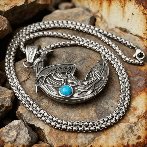 《 QBOX 》FASHION 飾品【CBP8-888】 精緻個性復古玄月飛龍嵌松石鈦鋼墬子項鍊/吊墬-細節圖5