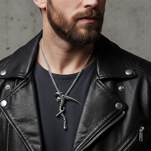 《 QBOX 》FASHION 飾品 【CBP8-311】精緻個性龐克風骷顱頭鐮刀鑄造鈦鋼墬子項鍊/掛飾-細節圖6