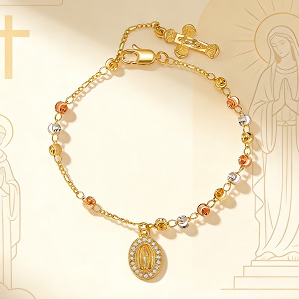 《 QBOX 》FASHION 飾品【GPBR-385】 精緻秀氣銅鍍金色鑲鑽聖母十字架手鍊/手環-細節圖3