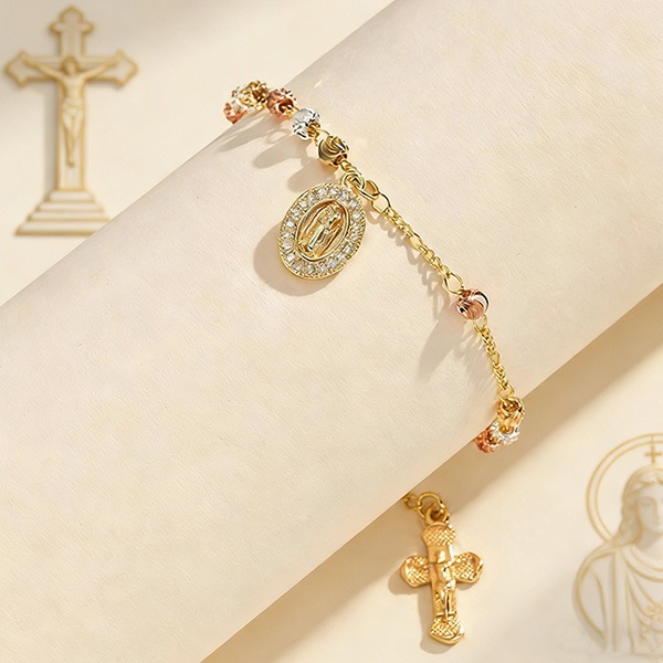 《 QBOX 》FASHION 飾品【GPBR-385】 精緻秀氣銅鍍金色鑲鑽聖母十字架手鍊/手環-細節圖5